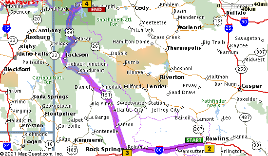 Day 3 Map: Rawlins, WY - Yellowstone NP